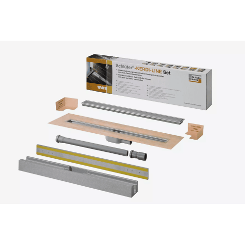Grille et cadre de caniveau Schlüter KERDI‑LINE‑A SOLID 800 mm – Inox brossé avec siphon S1