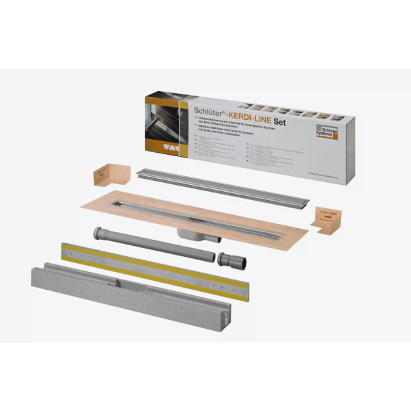 Grille et cadre de caniveau Schlüter KERDI‑LINE‑A SOLID 800 mm – Inox brossé avec siphon S1